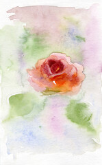 Beautiful abstract red rose flower on blurred colored watercolor background. Watercolor painting. Hand drawn illustration. Design for fabric, wallpaper, bed linen, greeting card  - 491715378