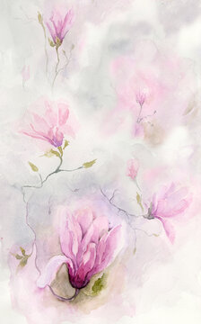 Beautiful pink magnolia flowers on a twig.  Colored blurred watercolor background.  Watercolor painting. Hand drawn illustration. Design for fabric, wallpaper, greeting card