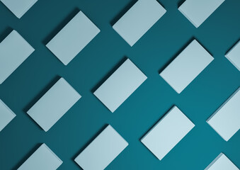 Dark teal, aqua blue, 3D render minimal, simple, modern top view flat lay product display from above background with repetitive square stands in a pattern