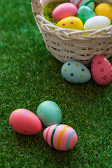 Fototapeta na wymiar Easter eggs on meadow grass background