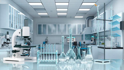 Laboratory workplace interior with blurred background. 3d illustration - obrazy, fototapety, plakaty