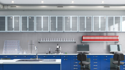 Laboratory workplace interior with blurred background. 3d illustration