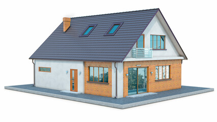 Living house with metal roofing tiles isolated on the white background. 3d illustration