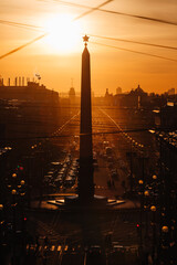 Sunset cityscape of perspective of Nevsky avenue in Saint Petersburg, Russia. On the foreground...
