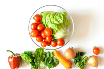 Bowl of organic and bio fresh vegetables tomato, peppers, carrots lies in row on white background table with copy space. Healthy natural ripe vegetarian vegetables concept. Salad ingredients