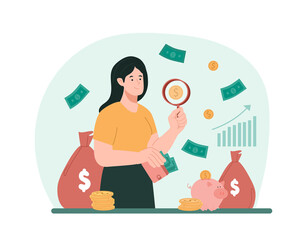 Searching for money. Girl increases number of sources of income. Savings and funds. Financial literacy, online investing and money growth. Earnings on Internet. Cartoon flat vector illustration