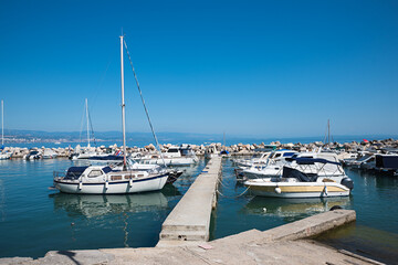 harbor Icici with lots of motorboats and sailboats, croatian coast near Opatija