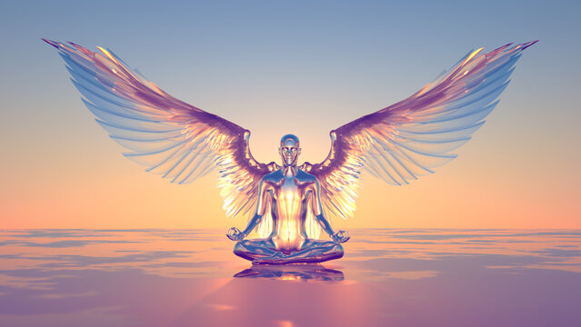 3d illustration of angel meditation at dawn