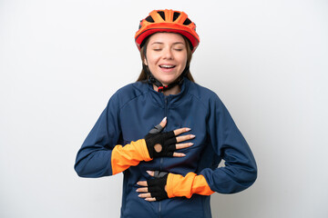 Young cyclist Lithuanian woman isolated on white background smiling a lot