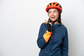 Young cyclist Lithuanian woman isolated on white background intending to realizes the solution while lifting a finger up