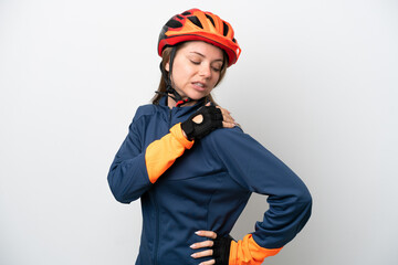 Young cyclist Lithuanian woman isolated on white background suffering from pain in shoulder for having made an effort