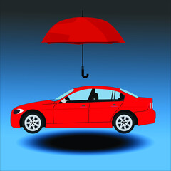 Fototapeta na wymiar Red car protected with red umbrella, car safety icon isolated.