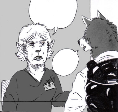 illustration of a werewolf with a backpack on his back talking to a female werewolf at a consultation desk. With empty speech bubbles.