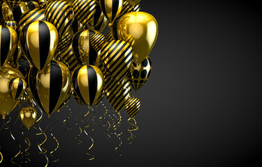 Fondo festivo y de celebración. Elegantes globos de helio dorados volando sobre fondo negro para anuncios, cumpleaños e invitaciones.