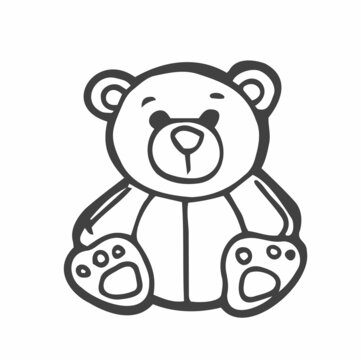Teddy bear contour. Doodle style hand-drawn toys. Outline drawing. Black and white image. Monochrome image. Children's cute toy. Coloring. Vector image