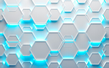Obraz na płótnie Canvas Fondo blanco brillante de tecnología y ciencia. Ilustración 3d. Formas geométricas y luces modernas de neón azul y fondo en blanco.