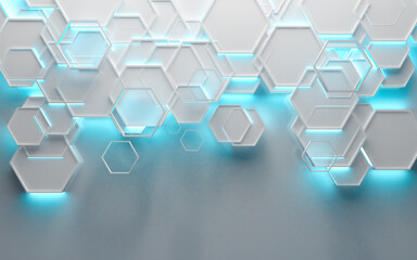 Fondo blanco brillante de tecnología y ciencia. Ilustración 3d. Formas geométricas y luces modernas de neón azul y fondo en blanco.