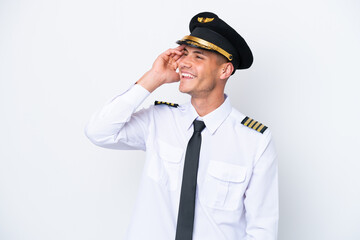 Airplane caucasian pilot isolated on white background has realized something and intending the solution
