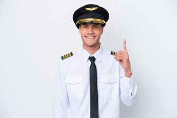 Airplane caucasian pilot isolated on white background pointing with the index finger a great idea