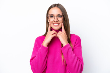 Young caucasian woman isolated on white background smiling with a happy and pleasant expression