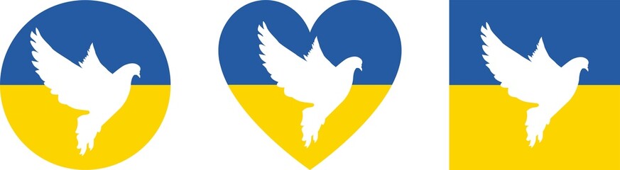 Pray for Ukraine. Stop the war. Heart-shaped icon with Ukrainian flag. Flying peace dove with olive branch logo symbol. White pigeon. Say no to war. Stop the war in Ukraine