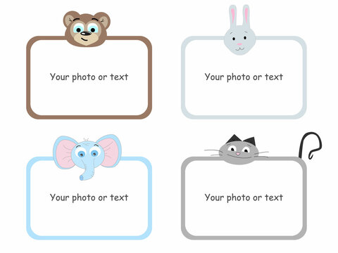 Set of vector cartoon frames with animal heads. Rectangular children's frames for photos or for text. Bear, hare, elephant, cat template for text
