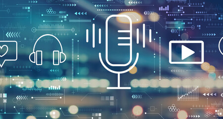 Podcast theme with blurred city abstract lights background