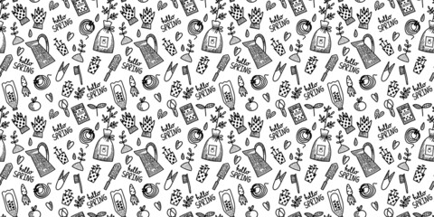 Vector seamless pattern. Spring summer gardening collection in doodle hand drawn style. Surface design. Equipment for Growing plants watering can, boots, seeds, gloves, vegetables, seedlings.
