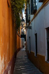 Fototapeta na wymiar Calle Vida, Barrio de Santa Cruz, Sevilla, Andalucia, Spain: a pretty, narrow lane in the old Medieval quarter