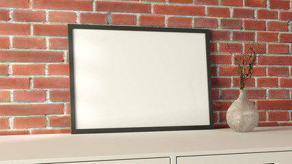 Horizontal frame poster mock up on the white table with red brick wall on background.