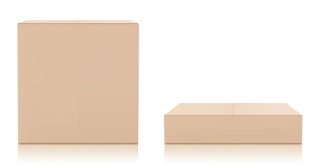Cardboard box mockup set. Isolated on white background. Vector images of cardboard packaging.