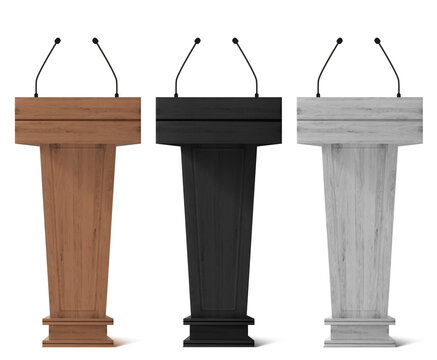 Realistic pedestal tribune and podium with microphones for speech isolated vector illustration