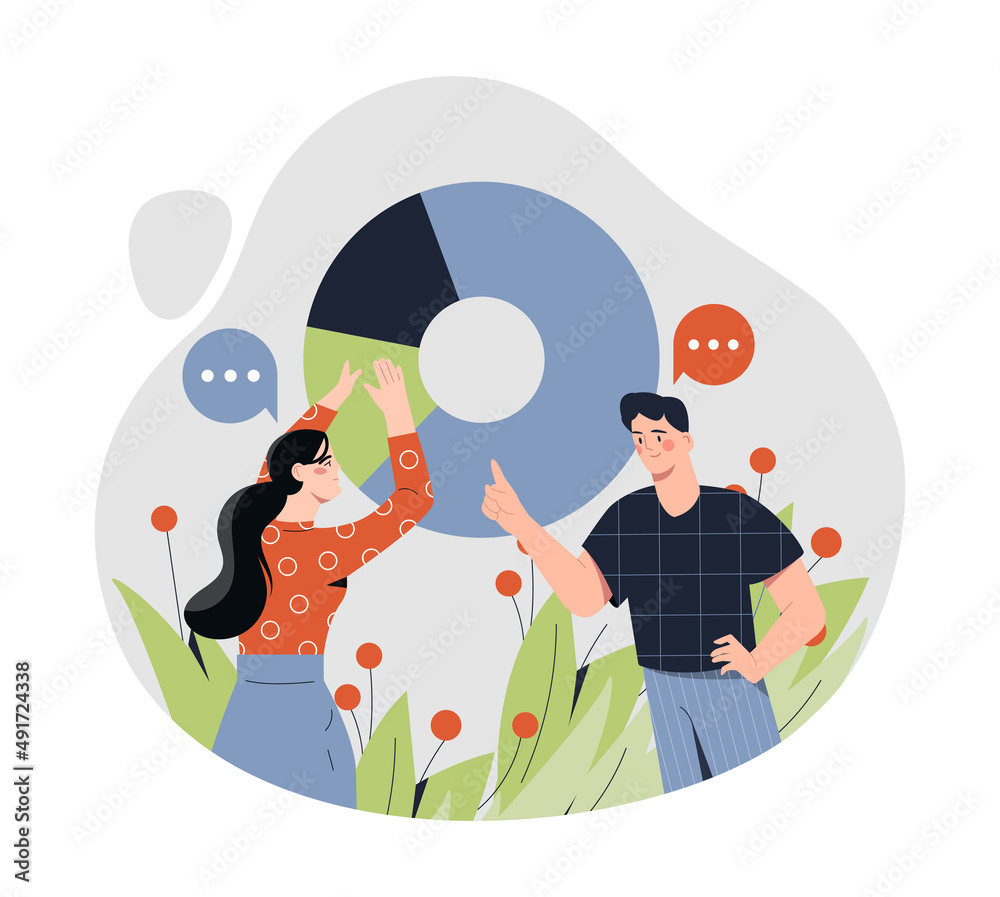 Poster analyzing data concept. man and girl on background of graphs and diagrams. working with statistics, 