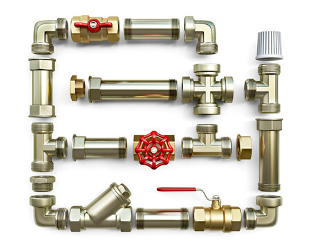 Different plumbing valves and fittings are laid out neatly in sequence, isolated on white background, 3d illustration