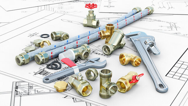 Different plumbing valves, fittings and pipes, wrenches are laid out neatly on sheets of drawing paper, 3d illustration
