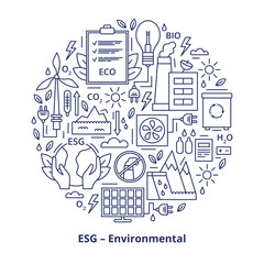 Set of ESG, ECO, BIO icons. ESG environmental criteria, icons placed in the form of a circle. Vector illustration isolated on white background.