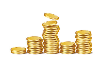 Five columns of round glossy gold coins with rising in the center on a white background. Increase your earnings. Vector 3D illustration