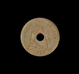 25 Centimes coin made by Belgium, that shows Crowned mirrored 