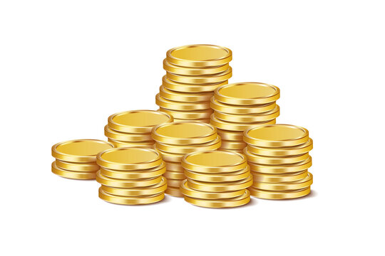Columns of round glossy golden coins on a white background. Increase your earnings. Vector 3D illustration