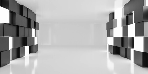 abstract empty cube wall room with black and white geometric shape walls 3d render illustration