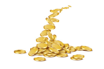 Growing pile of round glossy gold coins isolated on white background. Vector 3D illustration