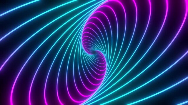 Minimal thin fluorescent spiral in infinite rotation. Funky holographic backdrop in retrowave style. Shiny fibonacci swirl in purple, blue and pink neon colors. Seamless loop animation.