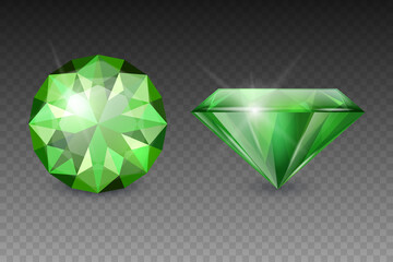 Fototapeta na wymiar Vector 3d Realistic Green Transparent Gemstone, Diamond, Crystal, Rhinestones Icon Set Closeup Isolated. Jewerly Concept. Design Template, Clipart. Top and Side View