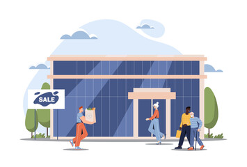 Shop building concept. People walk along city streets, characters go shopping. Big beautiful building, architecture. Shopping center, discounts and promotions. Cartoon flat vector illustration