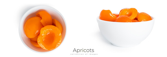 Canned apricots in a white bowl. Sweet apricots in syrup isolated on white background.