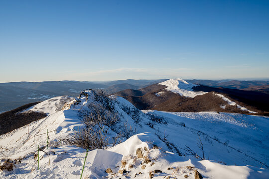 Winter in Bieszczady mountains landscape and beautiful light.