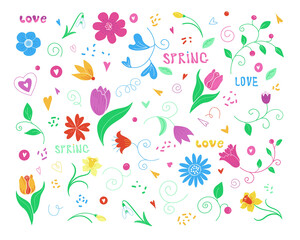 A set of graphic vector elements on the theme of spring and love isolated on a white background. Decorative elements can be used in postcards, business cards, wedding invitations,  wrapping paper