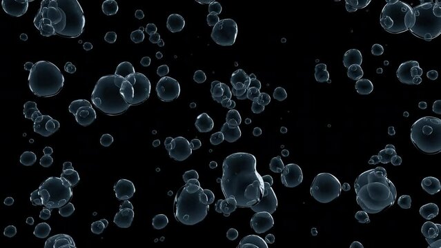 Close-up carbonation soda water bubbles fizzing up and sparkling on a black background looping with a luma matte