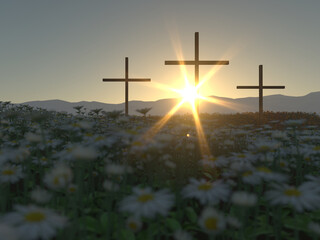A cross in a flowery field and with the sun in the background, symbolizing the resurrection Jesus Christ