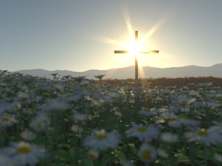 Uma cruz em um campo florido e tendo o sol ao fundo, simbolizando a ressurreição Jesus Cristo